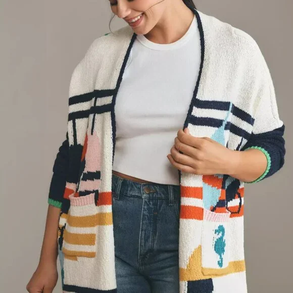Anthropologie Maeve Nautical Buoy Cardigan Sweater Whale Seahorse S M NWT